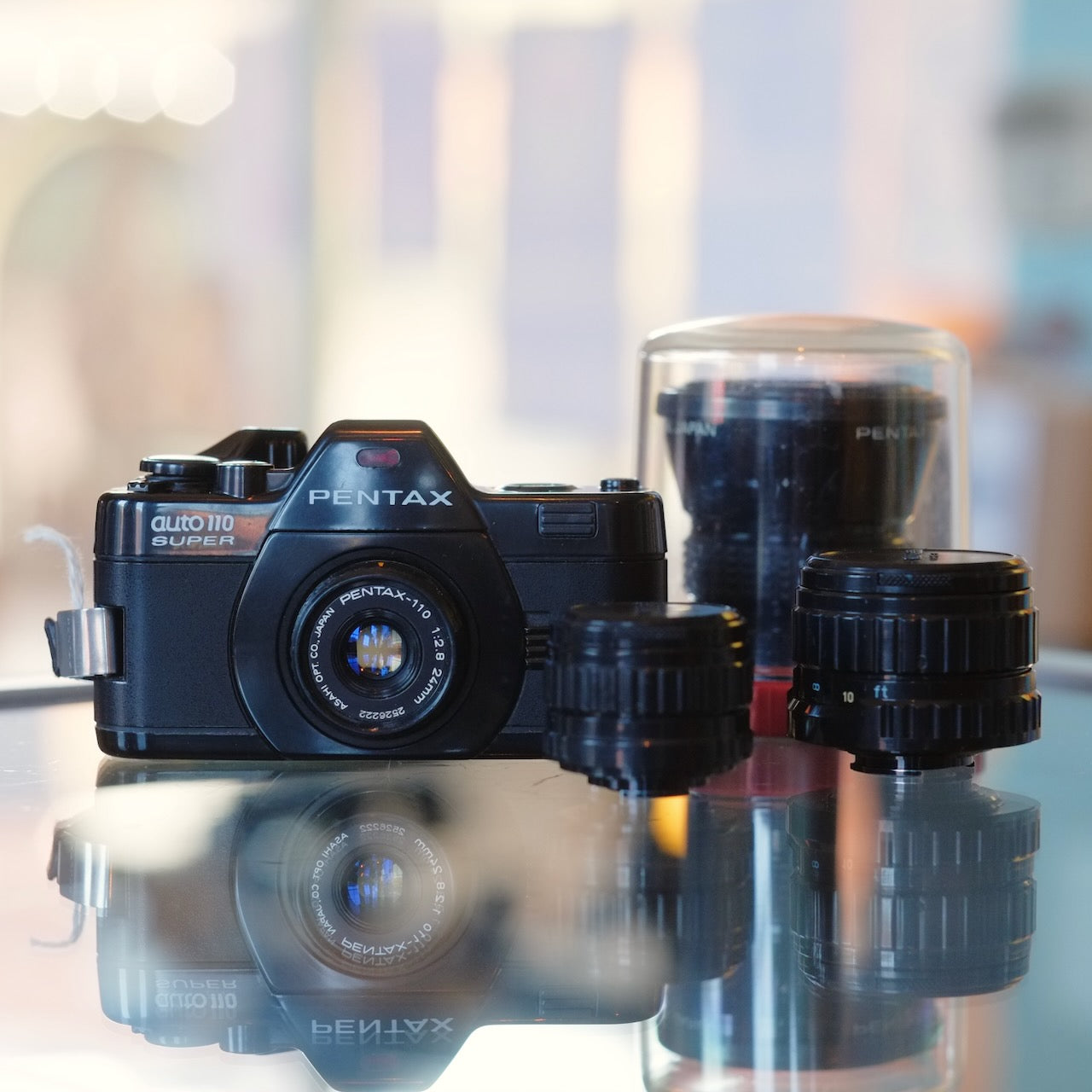 Pentax Auto 110 Super with 18mm, 24mm, 50mm & 75mm.