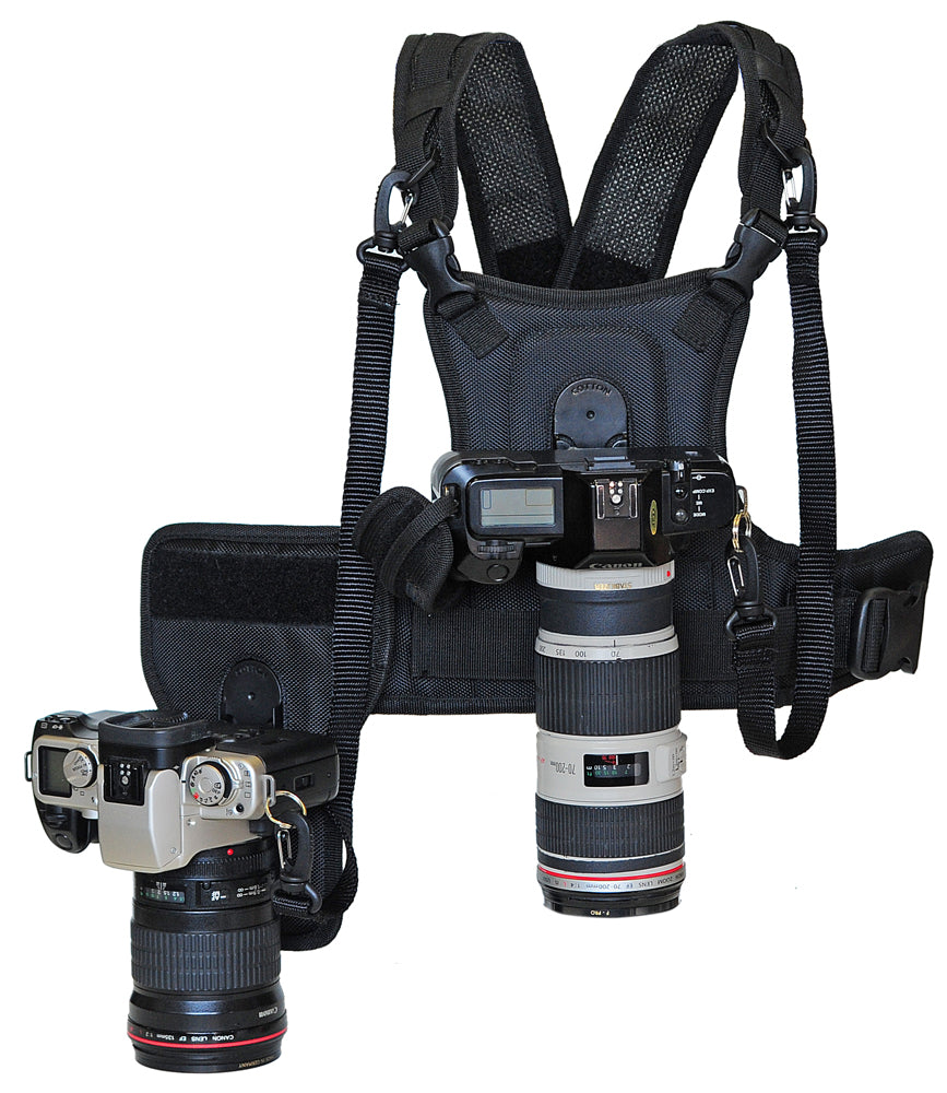 Cotton Carrier vest & holster system for two cameras.